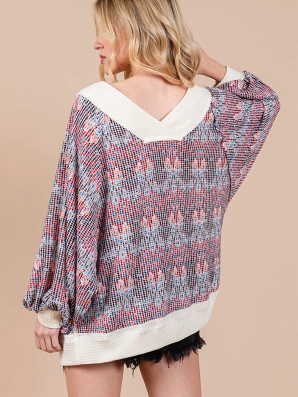 Boho Waffle Panel Pull-Over Top ☀️ ☮️ - Picture 3 of 3